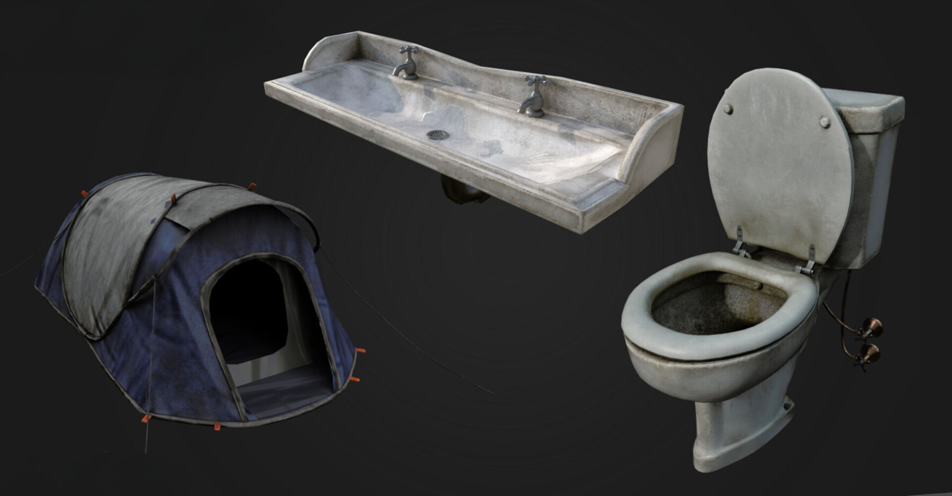 Environment props — camp tent, communal sink and toilet