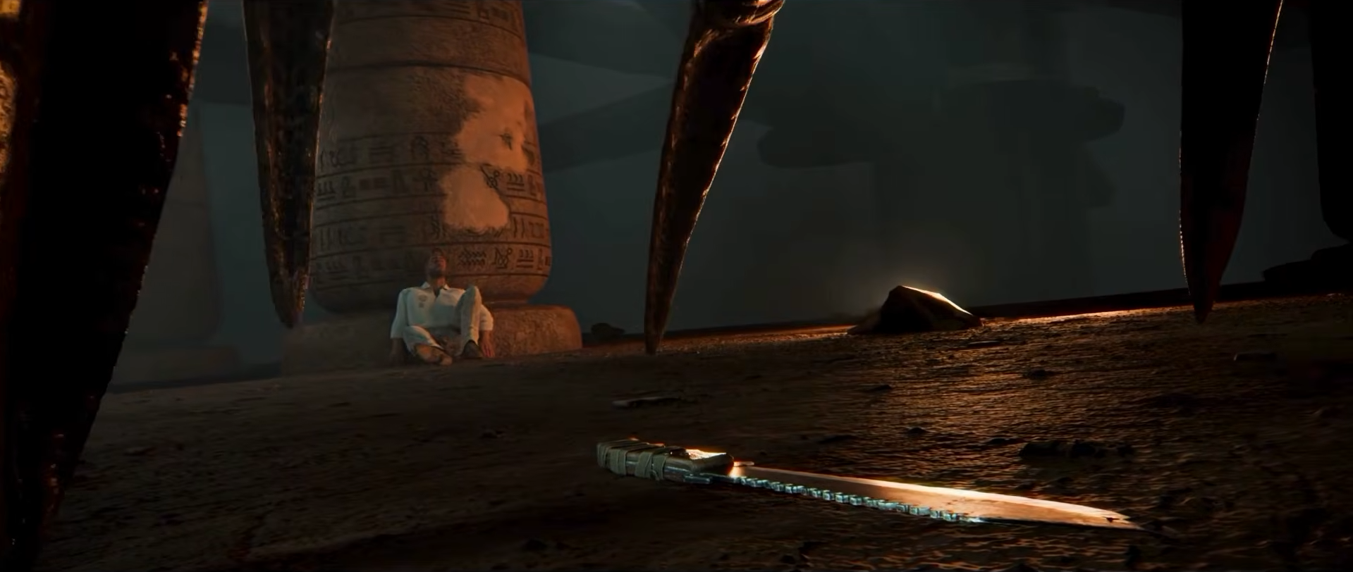 RUIN — creature, knife and figure against the pillar