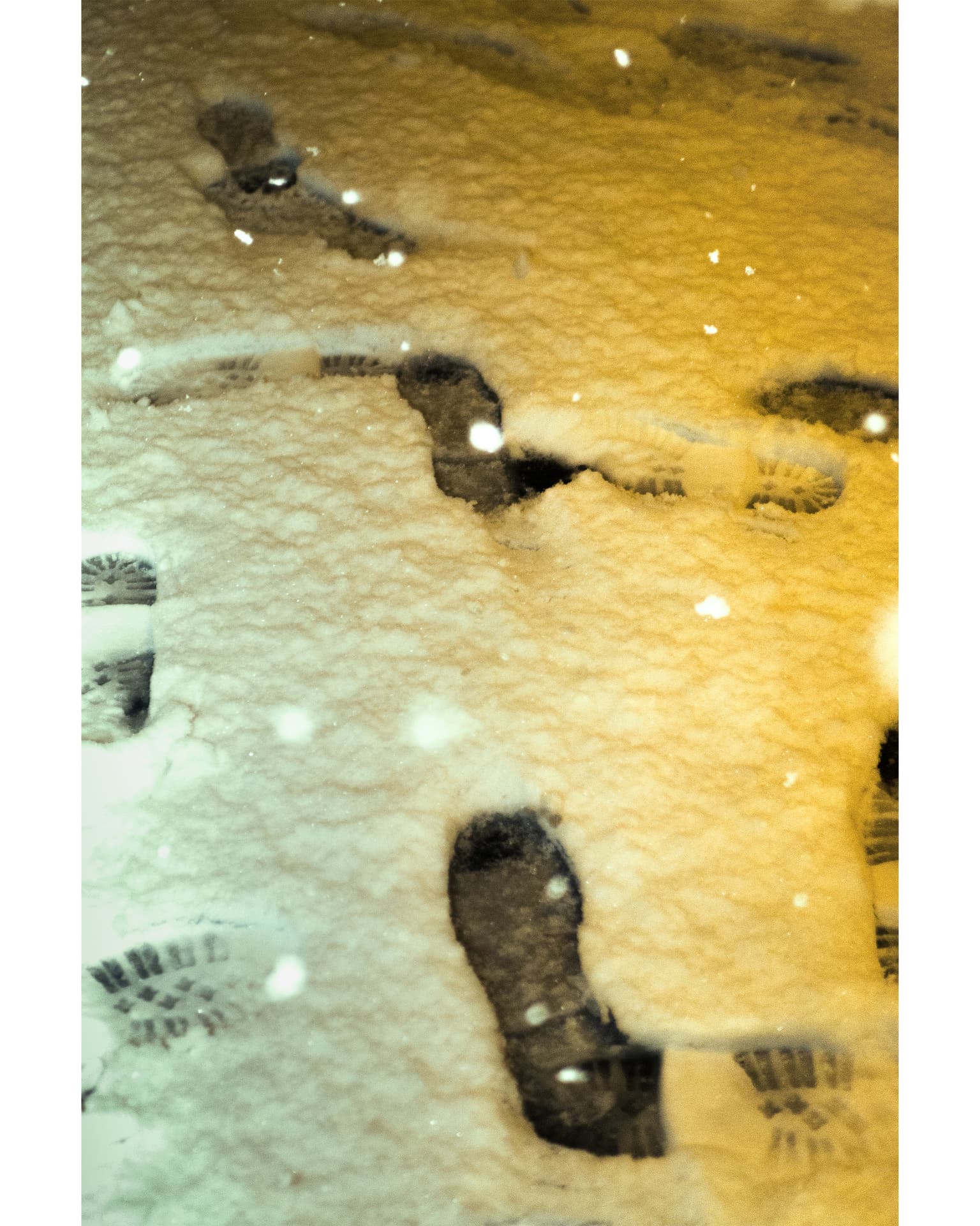 Footprints in fresh snow under warm and cool light
