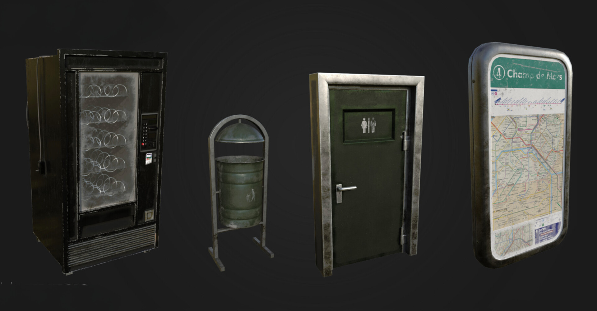 Environment props — vending machine, bin, restroom door and metro map