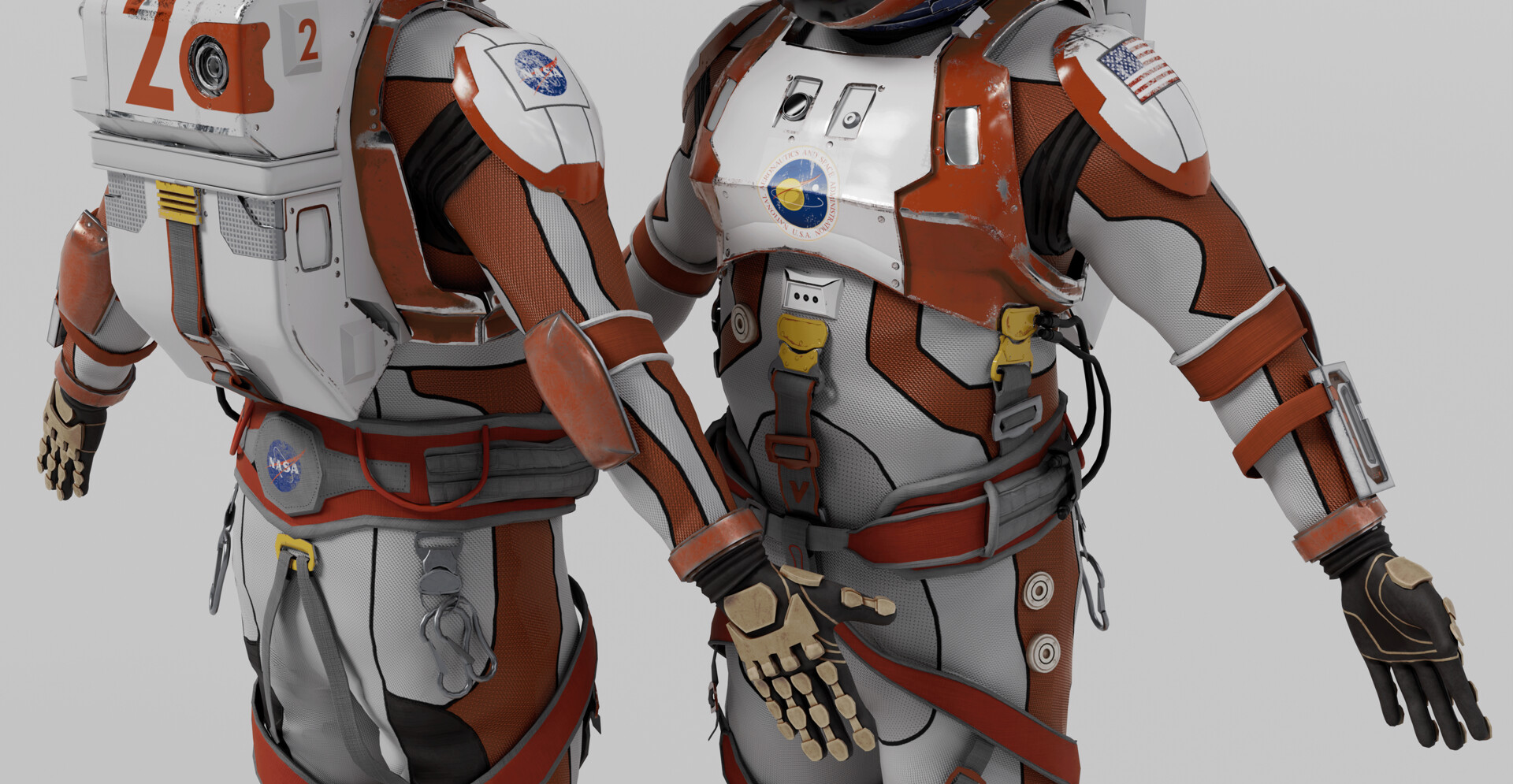 Astronaut torso, fabric, straps and equipment close-ups