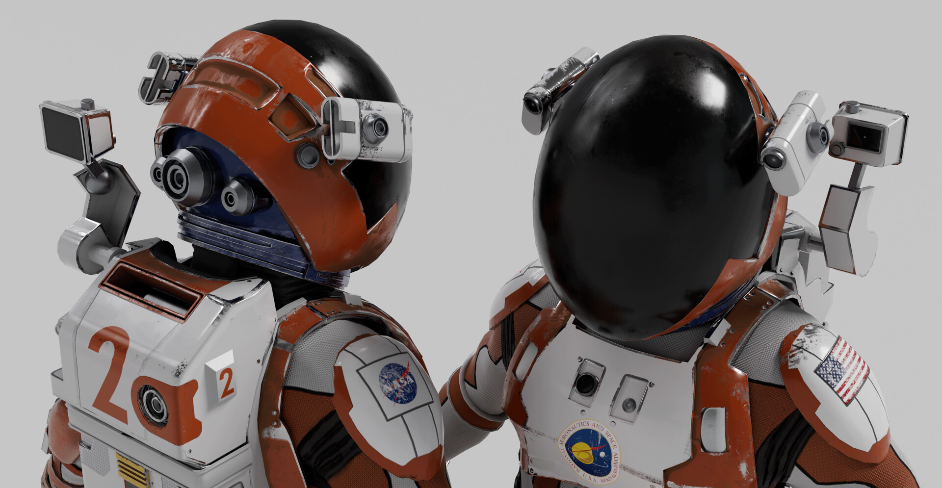 Astronaut helmet close-ups from the back and front