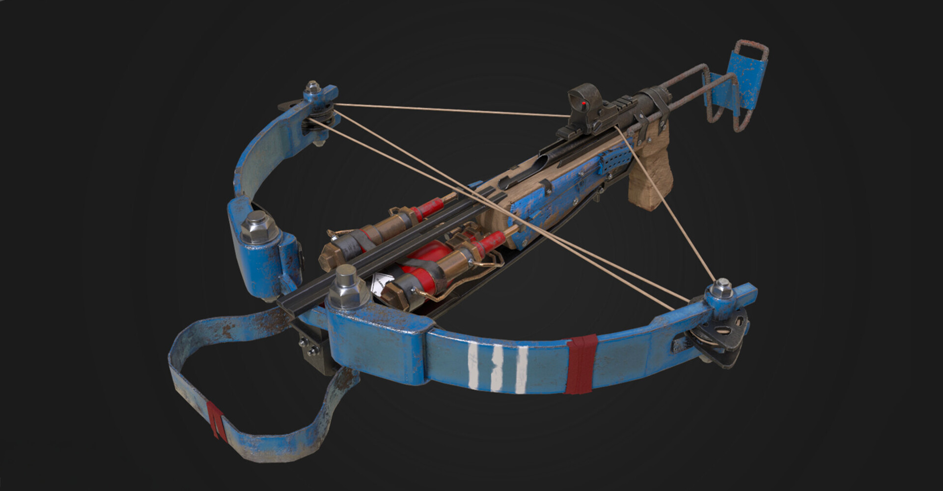 Crossbow three-quarter view showing blue front limbs, mechanical parts and wood grip